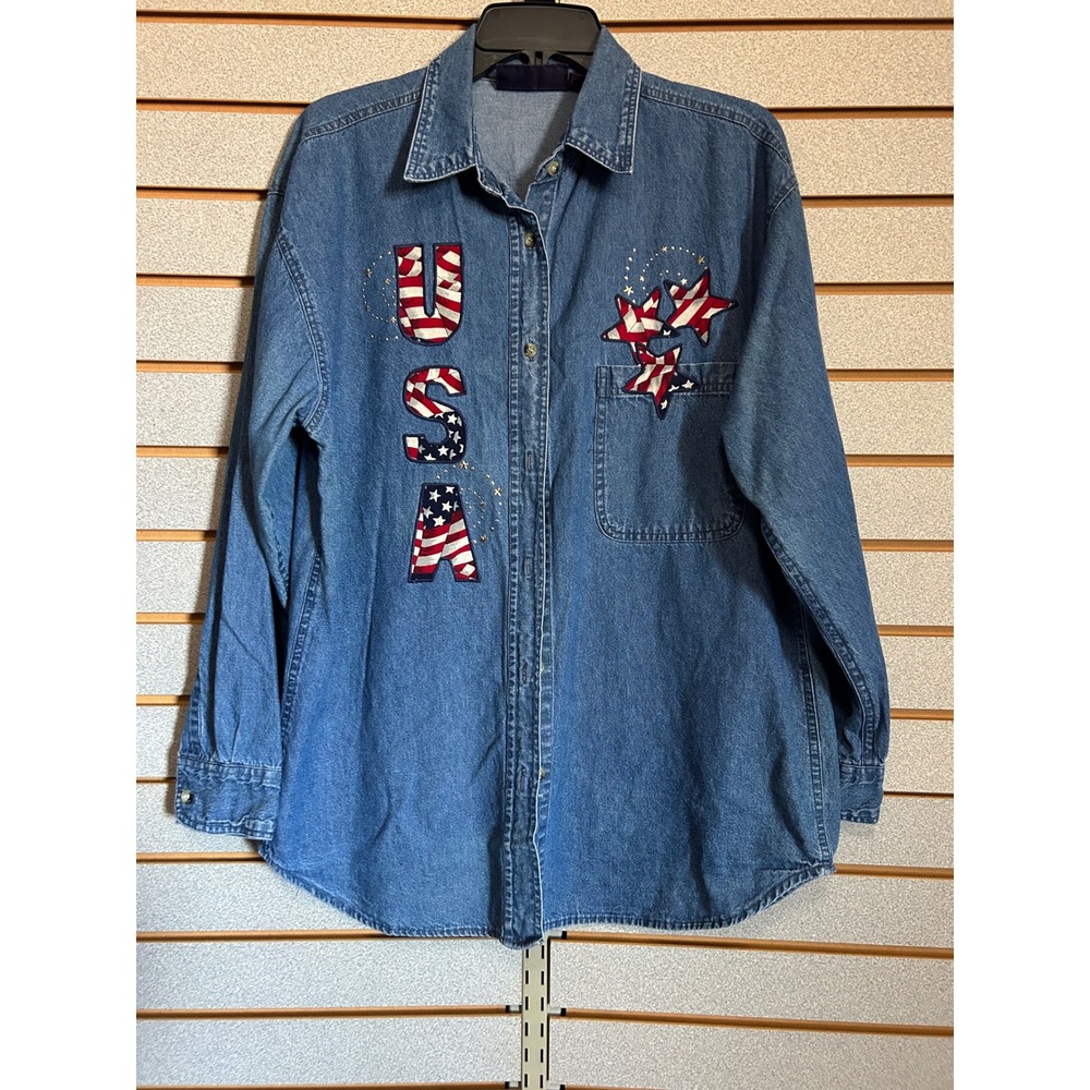 Agnes Apparel Womens Blue‎ Denim USA Flag Star Applique Button Down Shirt Large